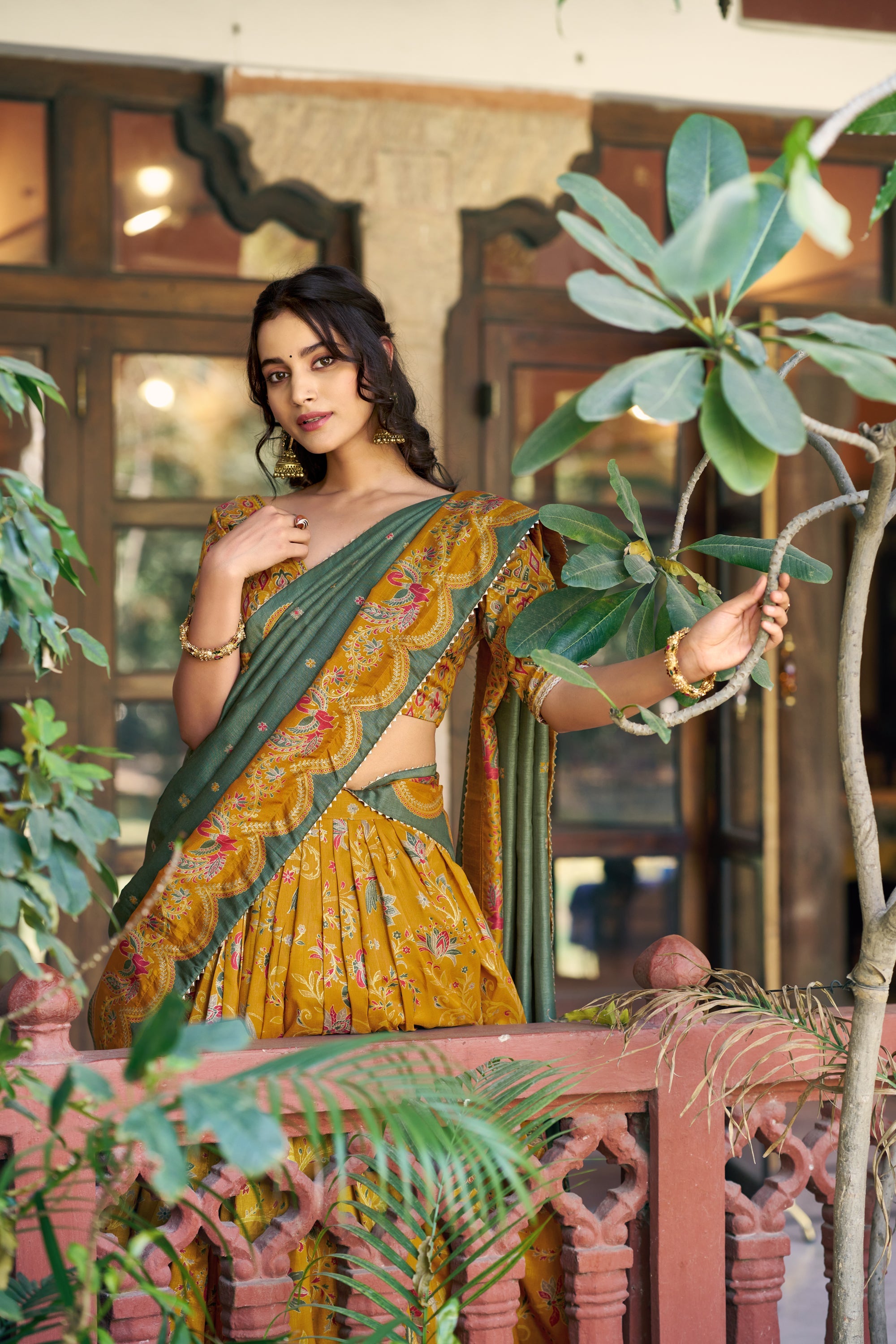 Lorenvalley Fashion Mustard Tasar Silk Gilded Motif Foil Printed Lehenga Choli with Dupatta | Grocsy