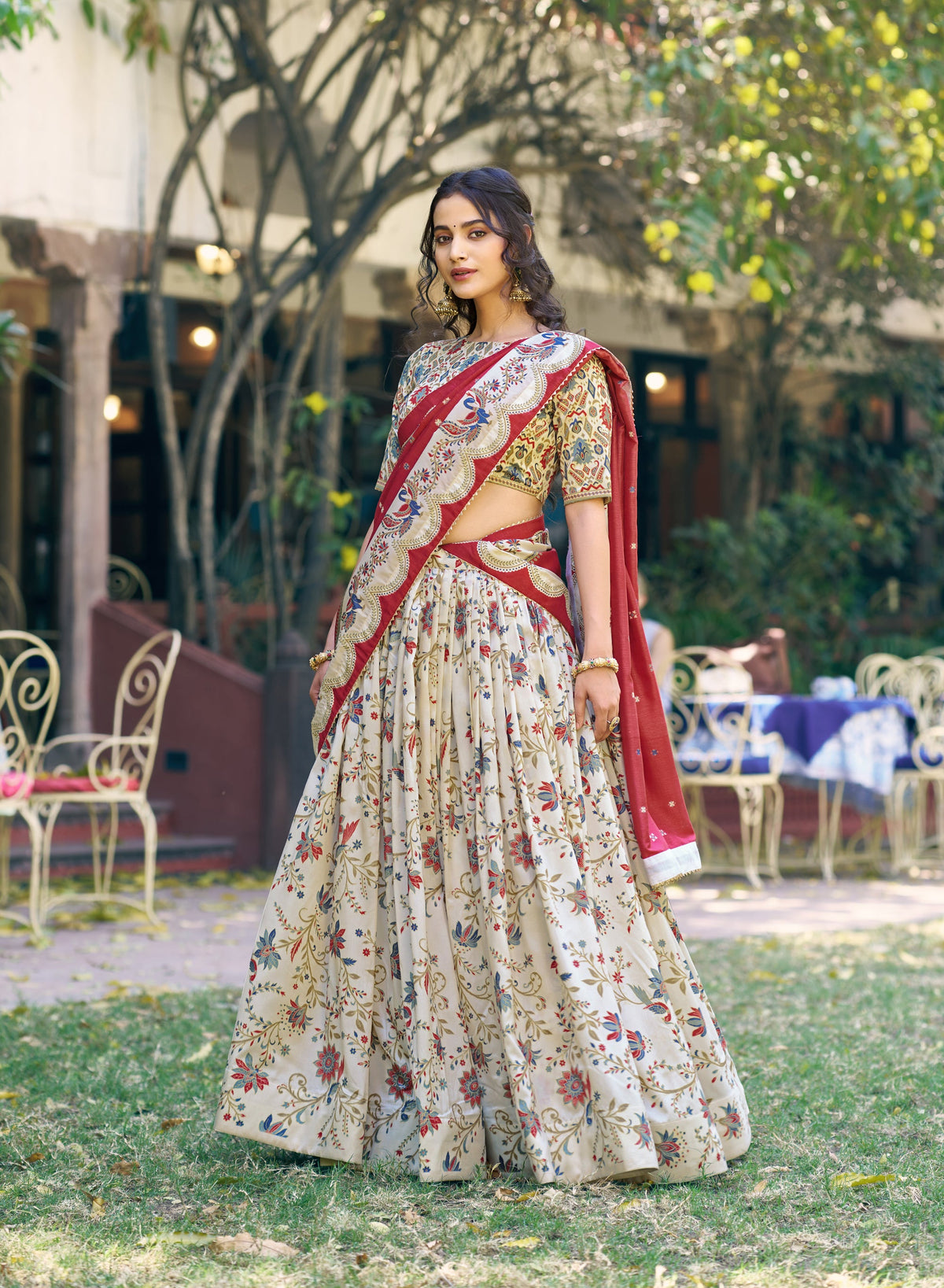 Lorenvalley Fashion Offwhite Tasar Silk Gilded Motif Foil Printed Lehenga Choli with Dupatta | Grocsy