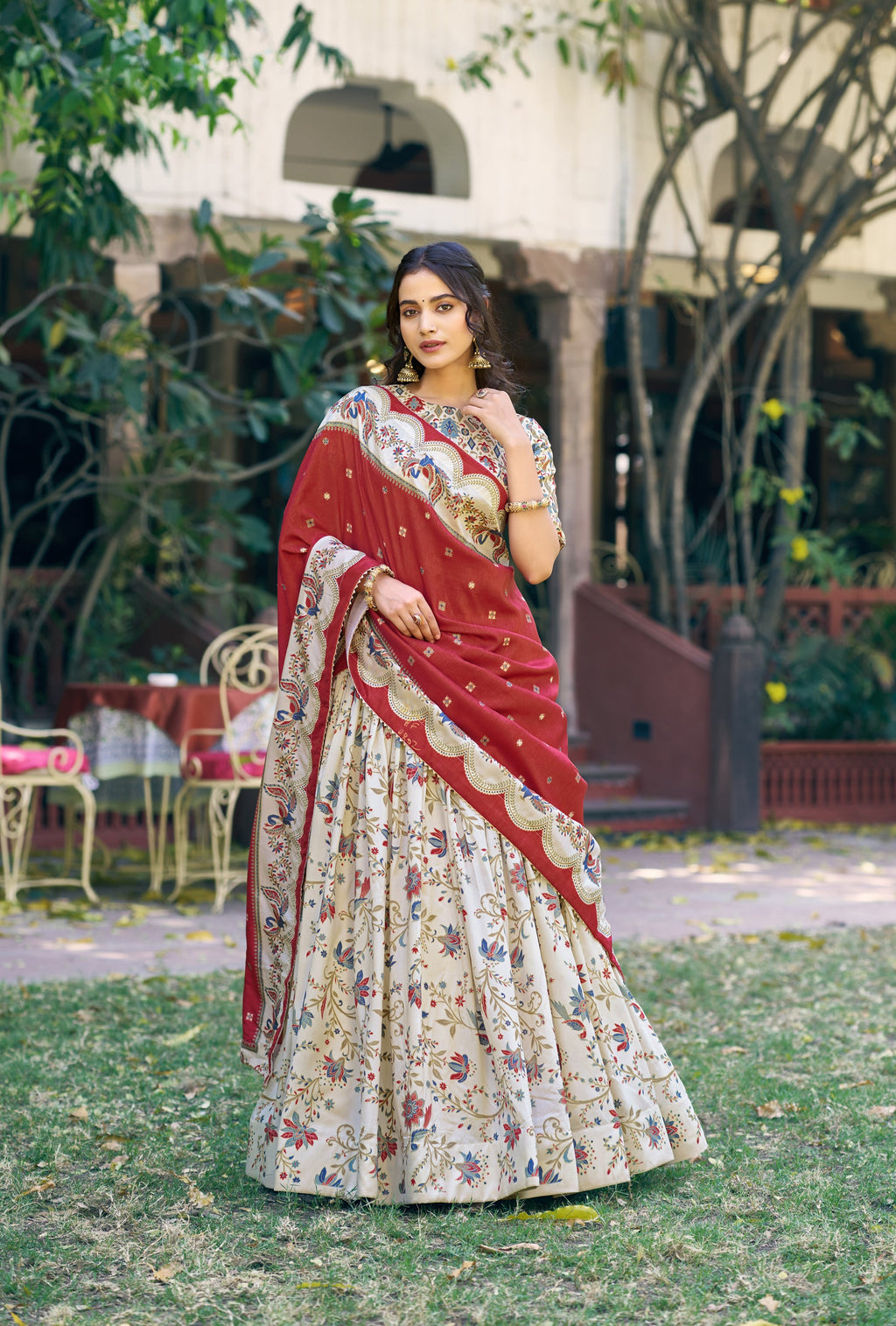 Lorenvalley Fashion Offwhite Tasar Silk Gilded Motif Foil Printed Lehenga Choli with Dupatta | Grocsy