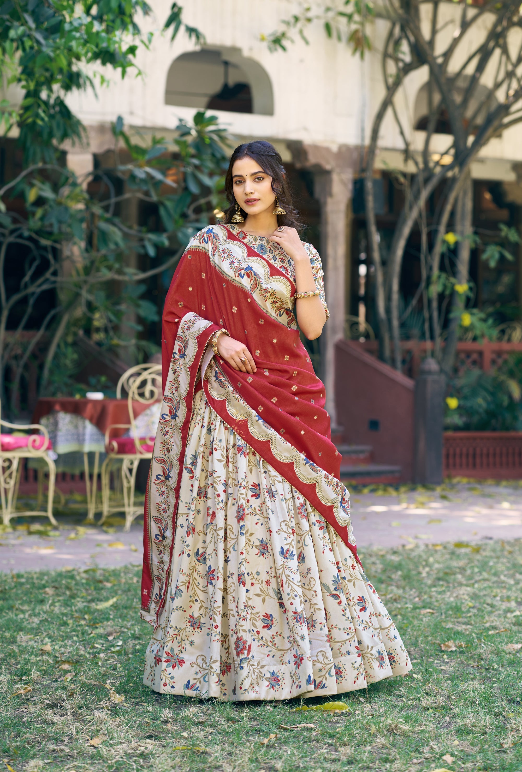 Lorenvalley Fashion Offwhite Tasar Silk Gilded Motif Foil Printed Lehenga Choli with Dupatta | Grocsy