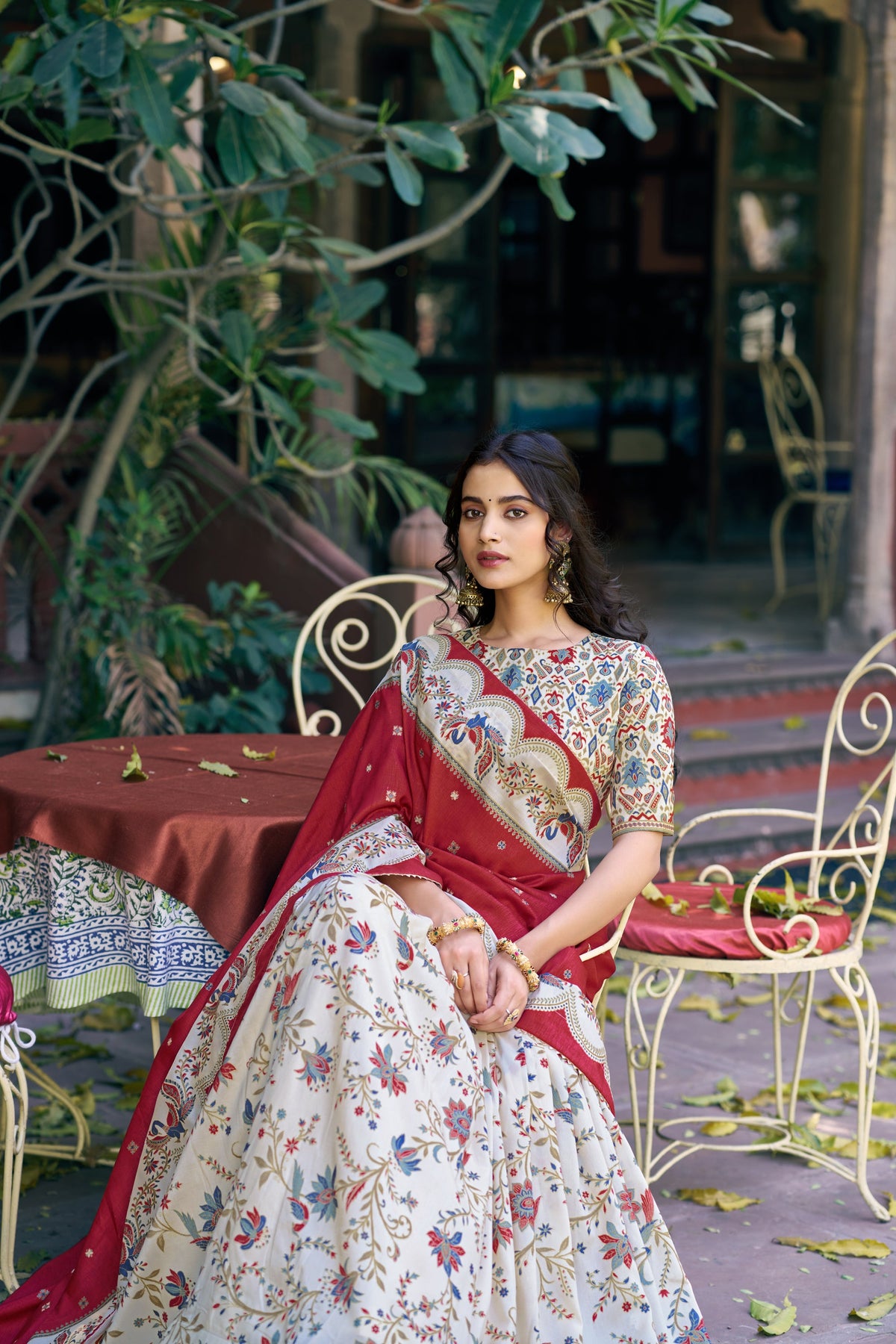 Lorenvalley Fashion Offwhite Tasar Silk Gilded Motif Foil Printed Lehenga Choli with Dupatta | Grocsy