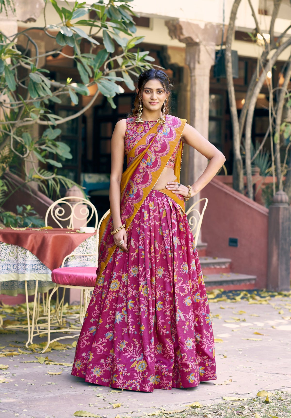 Lorenvalley Fashion Pink Tasar Silk Gilded Motif Foil Printed Lehenga Choli with Dupatta | Grocsy