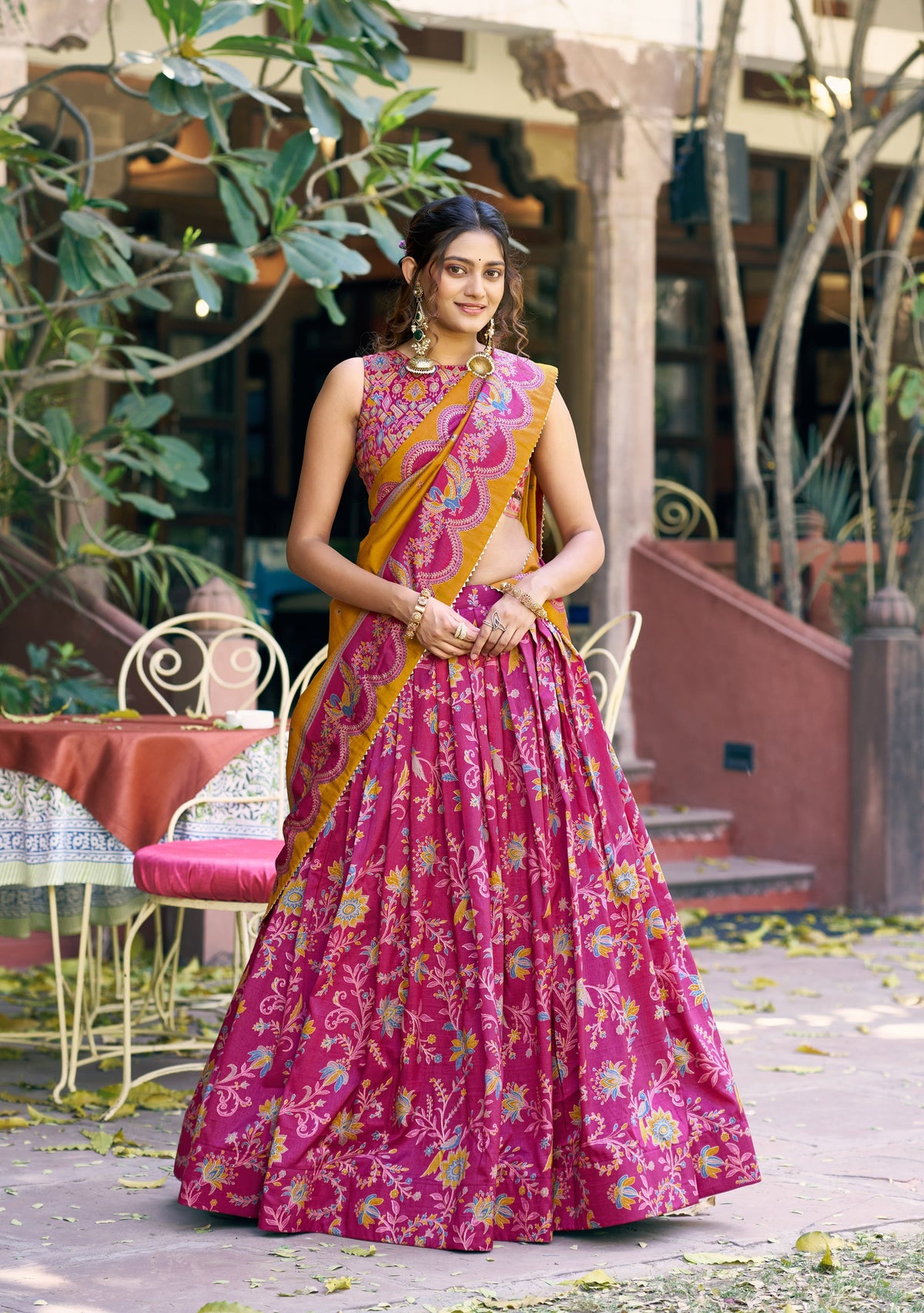 Lorenvalley Fashion Pink Tasar Silk Gilded Motif Foil Printed Lehenga Choli with Dupatta | Grocsy