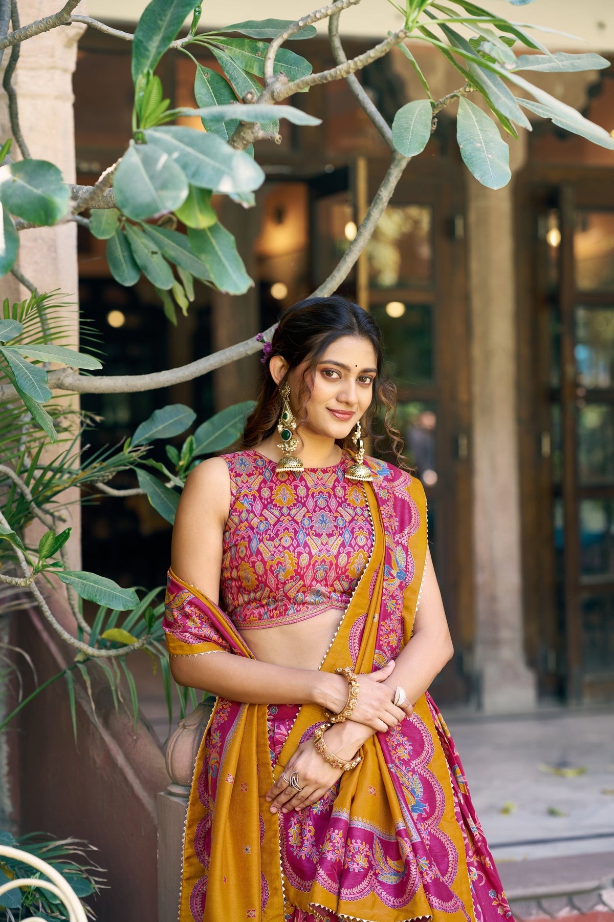 Lorenvalley Fashion Pink Tasar Silk Gilded Motif Foil Printed Lehenga Choli with Dupatta | Grocsy