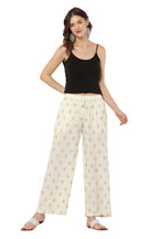 PAVONINE Off White Color Full Golden Leaf Print Palazzo For Women Pant | Grocsy