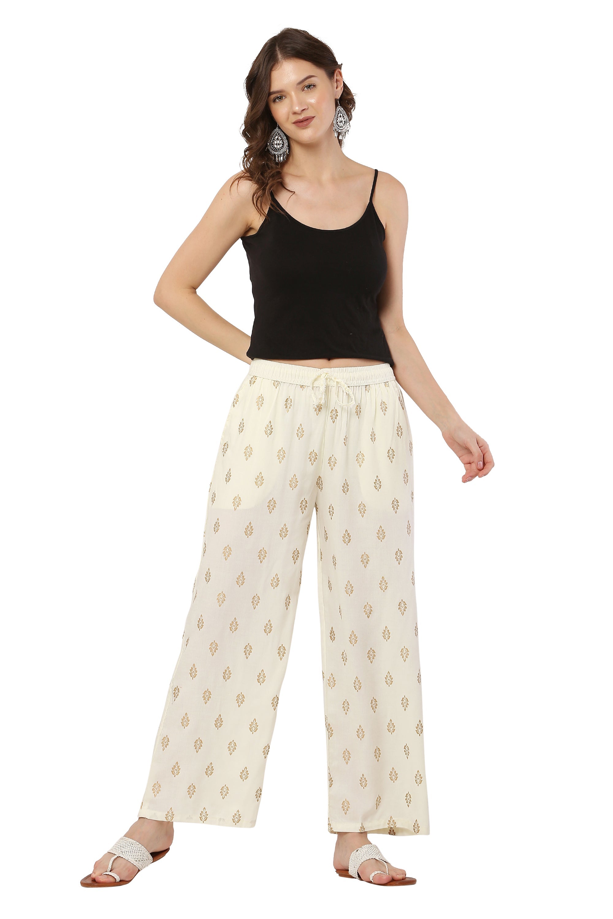 PAVONINE Off White Color Full Golden Leaf Print Palazzo For Women Pant | Grocsy