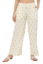 PAVONINE Off White Color Full Golden Leaf Print Palazzo For Women Pant | Grocsy