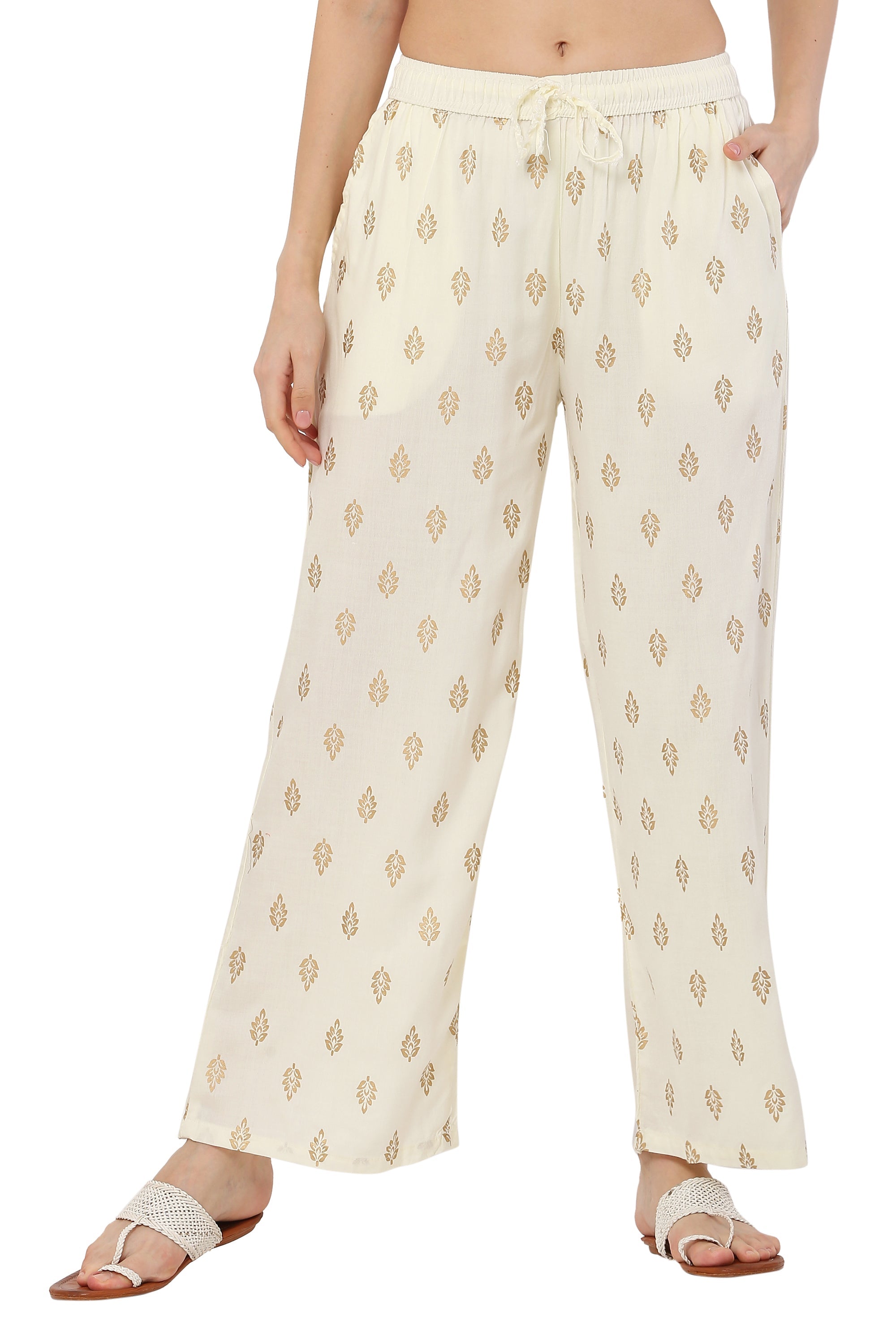 PAVONINE Off White Color Full Golden Leaf Print Palazzo For Women Pant | Grocsy