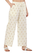 PAVONINE Off White Color Full Golden Leaf Print Palazzo For Women Pant | Grocsy