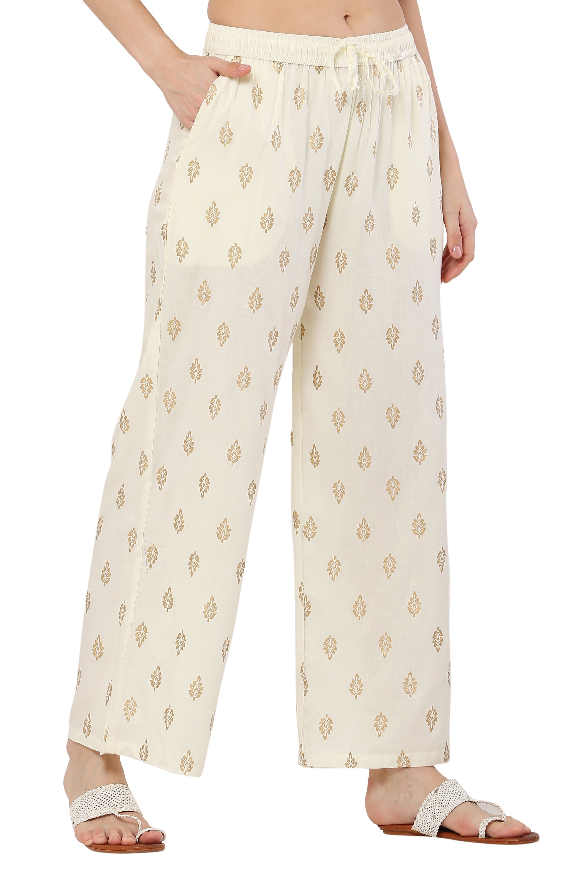 PAVONINE Off White Color Full Golden Leaf Print Palazzo For Women Pant | Grocsy
