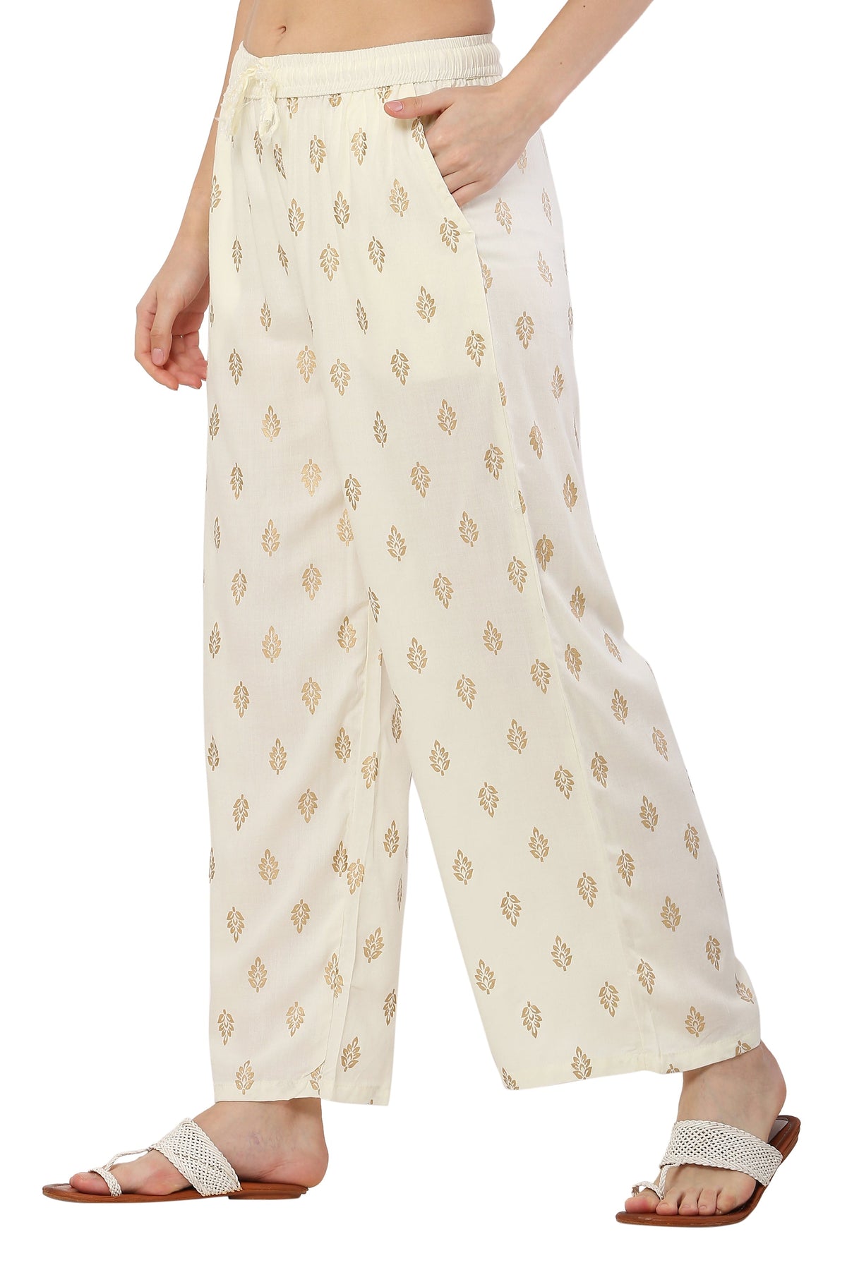 PAVONINE Off White Color Full Golden Leaf Print Palazzo For Women Pant | Grocsy