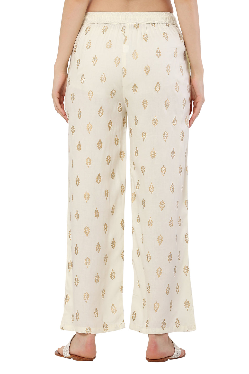 PAVONINE Off White Color Full Golden Leaf Print Palazzo For Women Pant | Grocsy