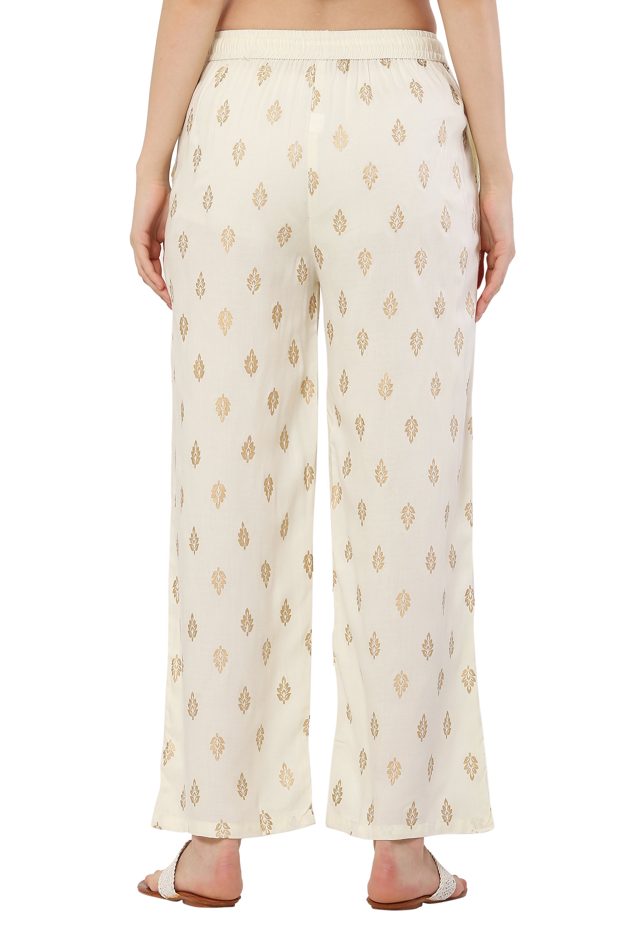 PAVONINE Off White Color Full Golden Leaf Print Palazzo For Women Pant | Grocsy