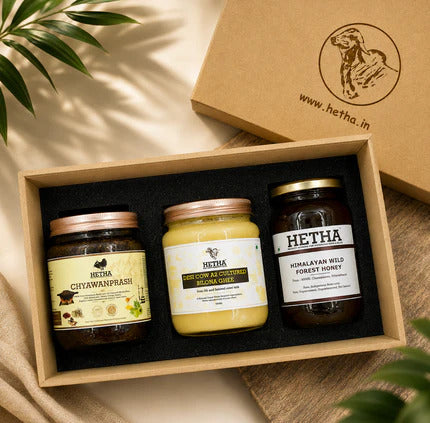 Hetha Gift Box with Desi Cow A2 Cultured Bilona Ghee, Chyawanprash, Honey & Lip Balm | Grocsy