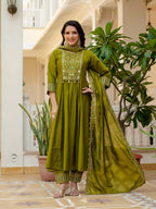 Vedant Vastram Roman Silk Hand Work & Embroidery Work Stitched Kurta Pant Dupatta Set-Mahendi | Grocsy