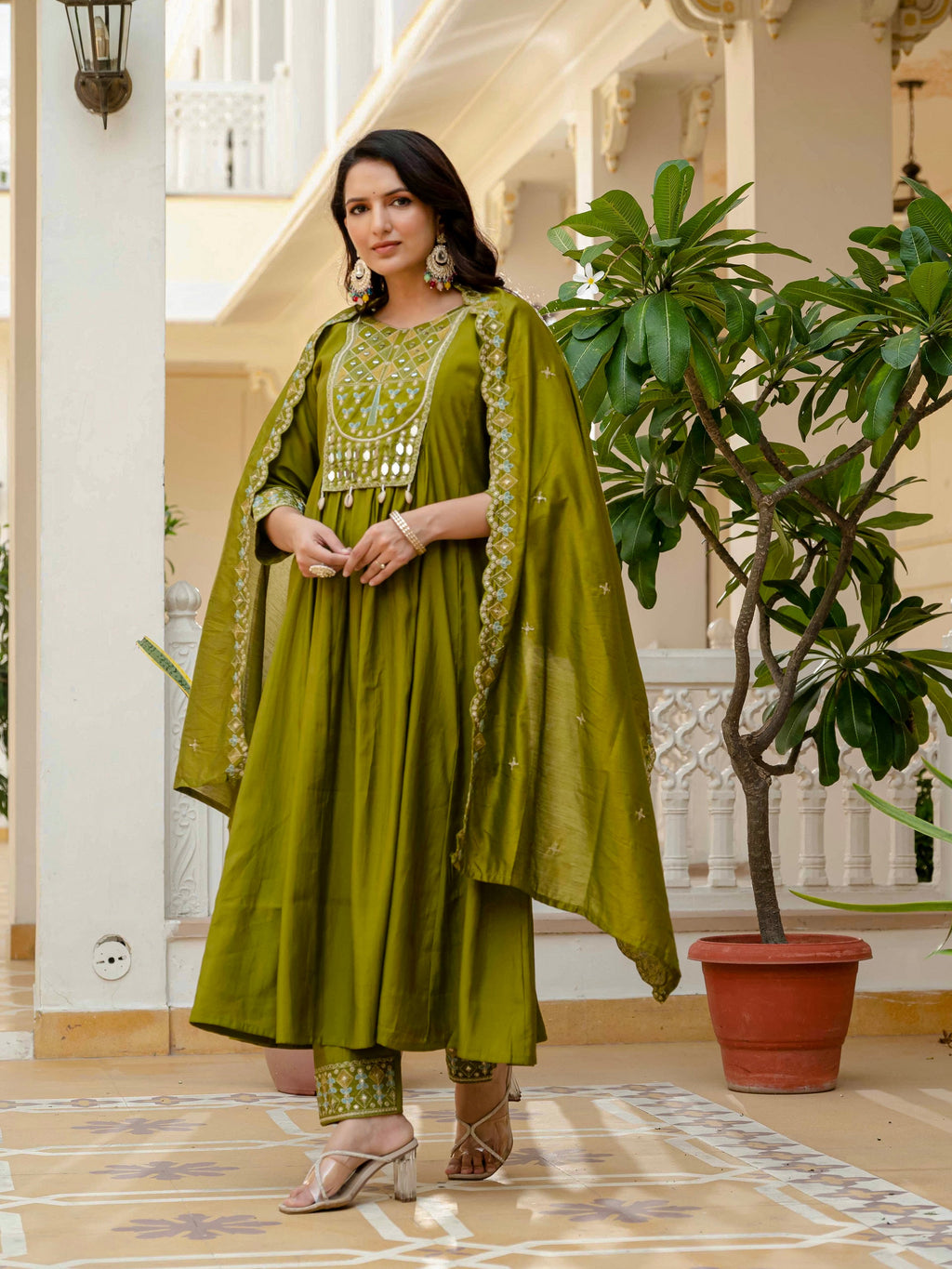 Vedant Vastram Roman Silk Hand Work & Embroidery Work Stitched Kurta Pant Dupatta Set-Mahendi | Grocsy