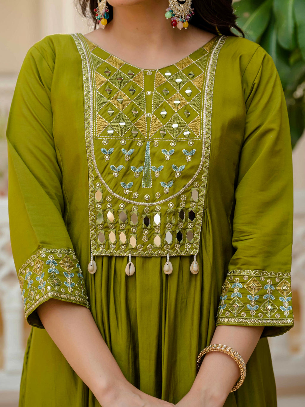 Vedant Vastram Roman Silk Hand Work & Embroidery Work Stitched Kurta Pant Dupatta Set-Mahendi | Grocsy