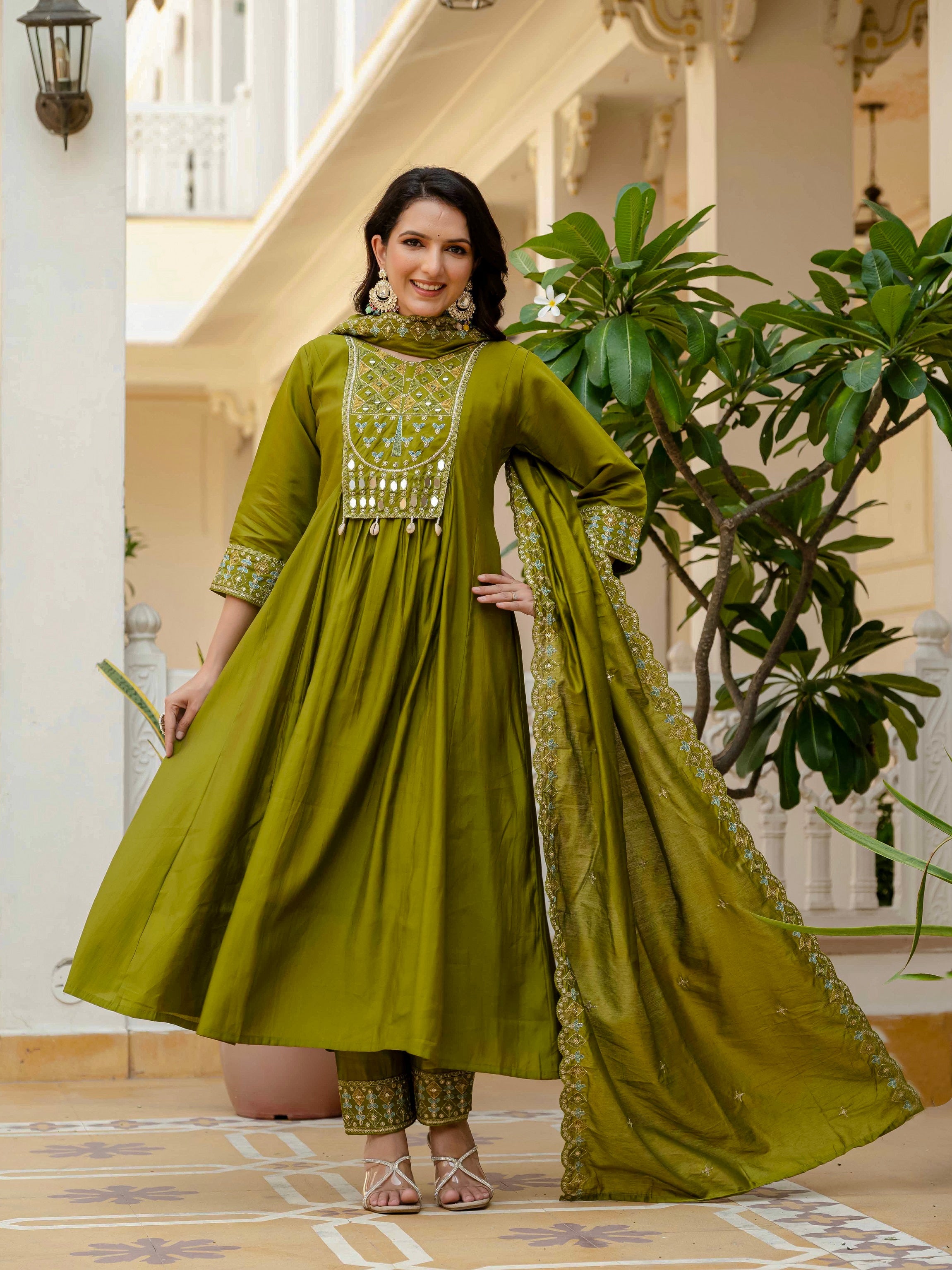 Vedant Vastram Roman Silk Hand Work & Embroidery Work Stitched Kurta Pant Dupatta Set-Mahendi | Grocsy