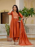 Vedant Vastram Roman Silk Hand Work & Embroidery Work Stitched Kurta Pant Dupatta Set-Orange | Grocsy