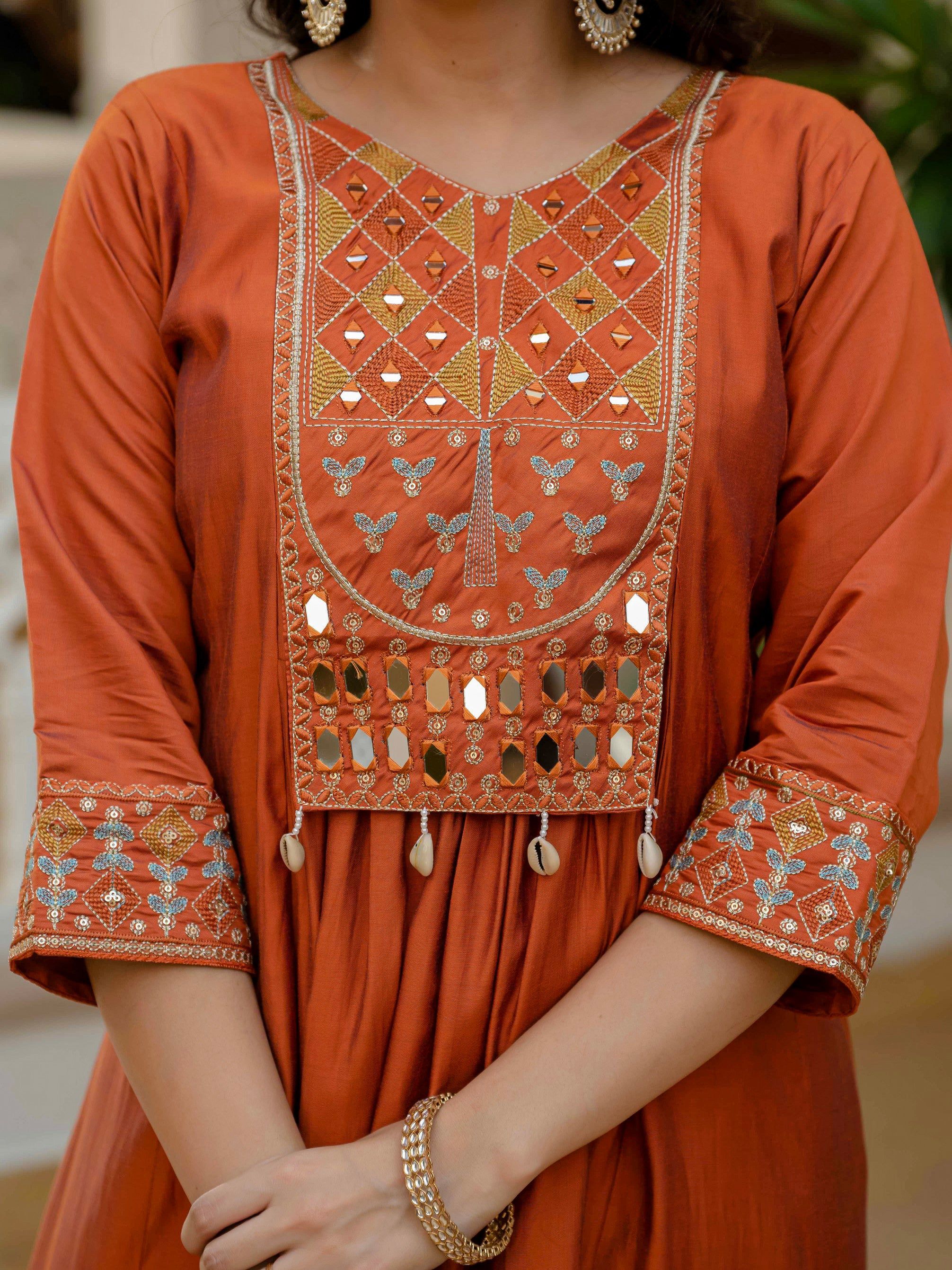 Vedant Vastram Roman Silk Hand Work & Embroidery Work Stitched Kurta Pant Dupatta Set-Orange | Grocsy