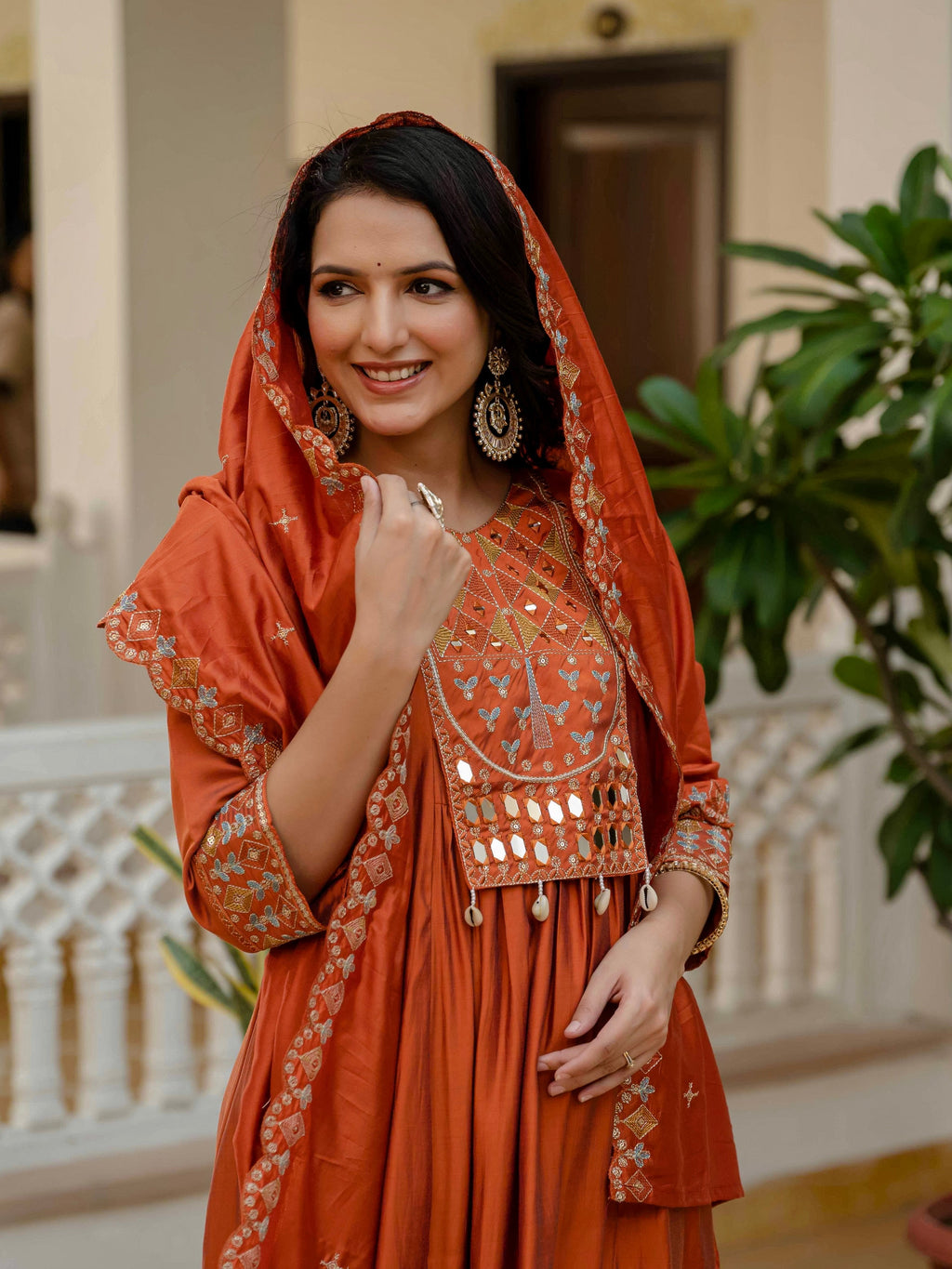 Vedant Vastram Roman Silk Hand Work & Embroidery Work Stitched Kurta Pant Dupatta Set-Orange | Grocsy