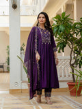 Vedant Vastram Roman Silk Hand Work & Embroidery Work Stitched Kurta Pant Dupatta Set-Purple | Grocsy