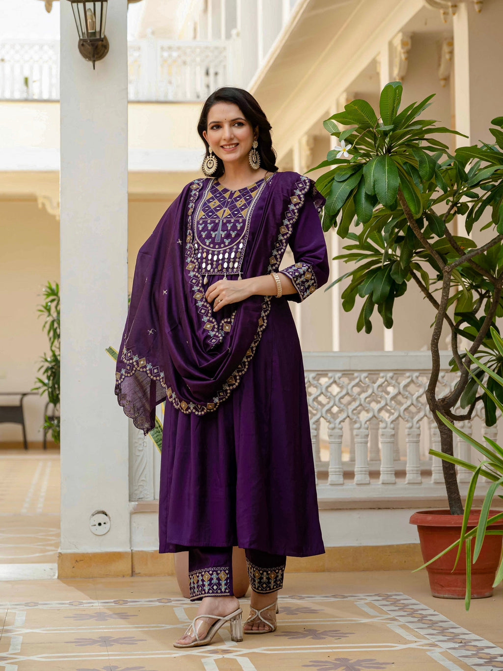 Vedant Vastram Roman Silk Hand Work & Embroidery Work Stitched Kurta Pant Dupatta Set-Purple | Grocsy