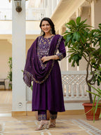 Vedant Vastram Roman Silk Hand Work & Embroidery Work Stitched Kurta Pant Dupatta Set-Purple | Grocsy