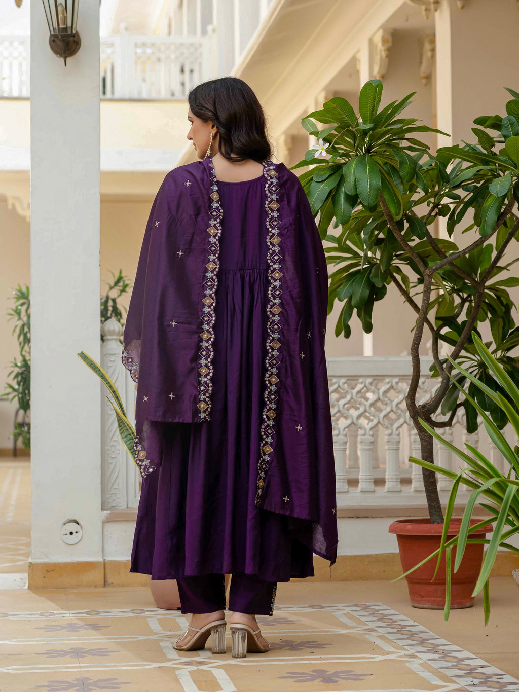 Vedant Vastram Roman Silk Hand Work & Embroidery Work Stitched Kurta Pant Dupatta Set-Purple | Grocsy