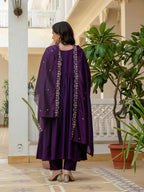 Vedant Vastram Roman Silk Hand Work & Embroidery Work Stitched Kurta Pant Dupatta Set-Purple | Grocsy