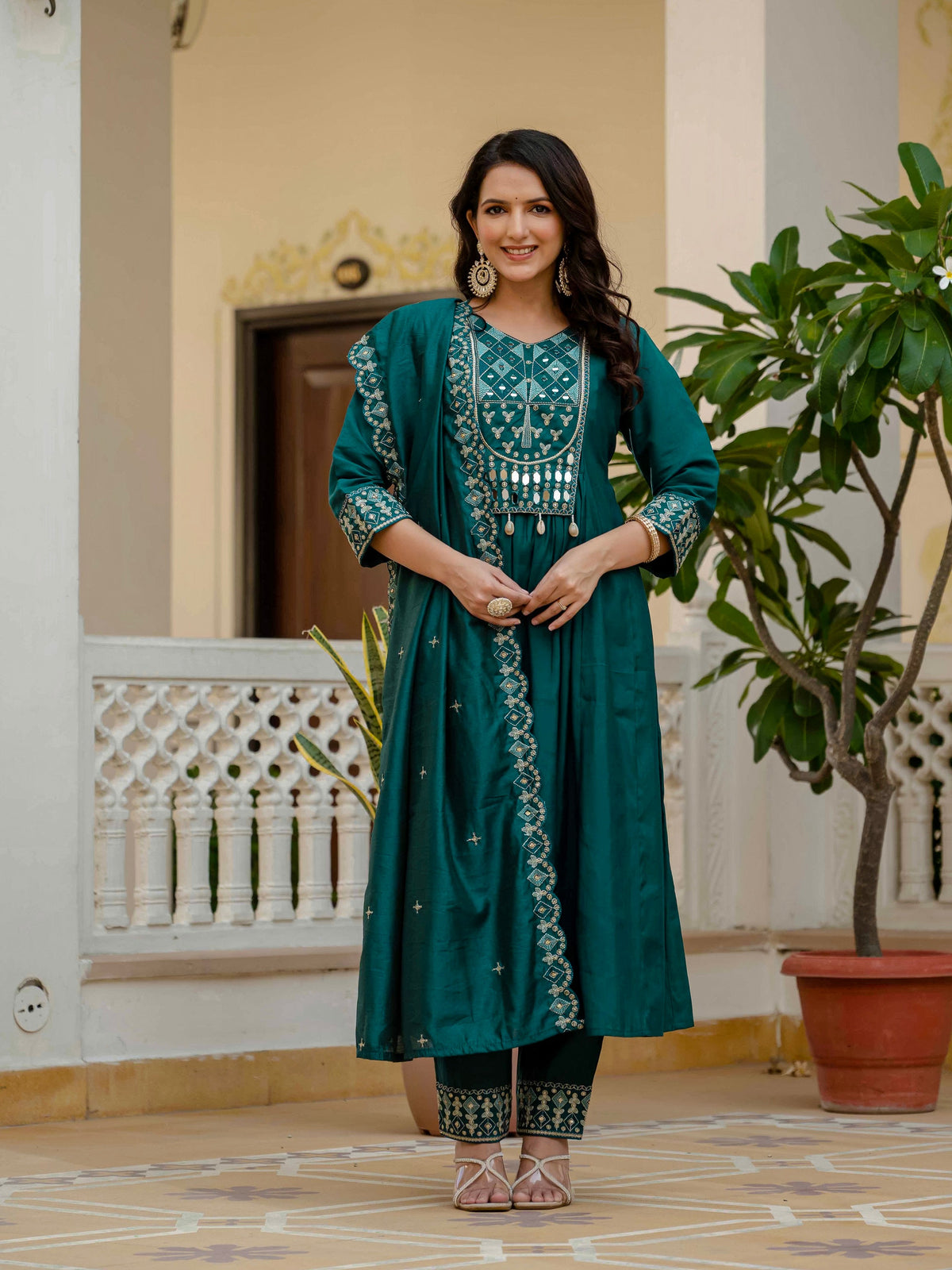Vedant Vastram Roman Silk Hand Work & Embroidery Work Stitched Kurta Pant Dupatta Set-Rama | Grocsy