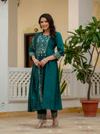 Vedant Vastram Roman Silk Hand Work & Embroidery Work Stitched Kurta Pant Dupatta Set-Rama | Grocsy