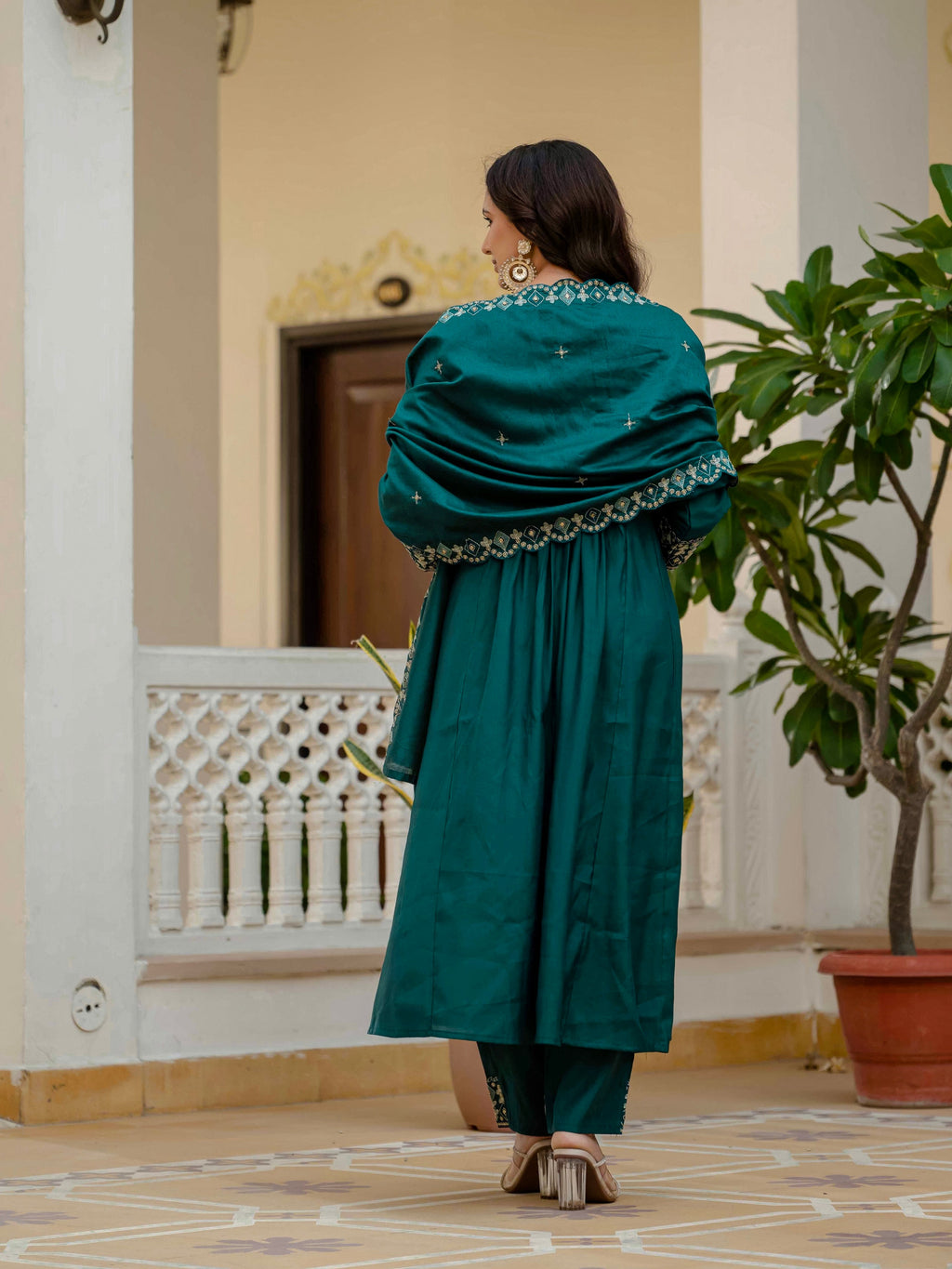 Vedant Vastram Roman Silk Hand Work & Embroidery Work Stitched Kurta Pant Dupatta Set-Rama | Grocsy