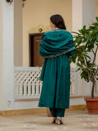 Vedant Vastram Roman Silk Hand Work & Embroidery Work Stitched Kurta Pant Dupatta Set-Rama | Grocsy