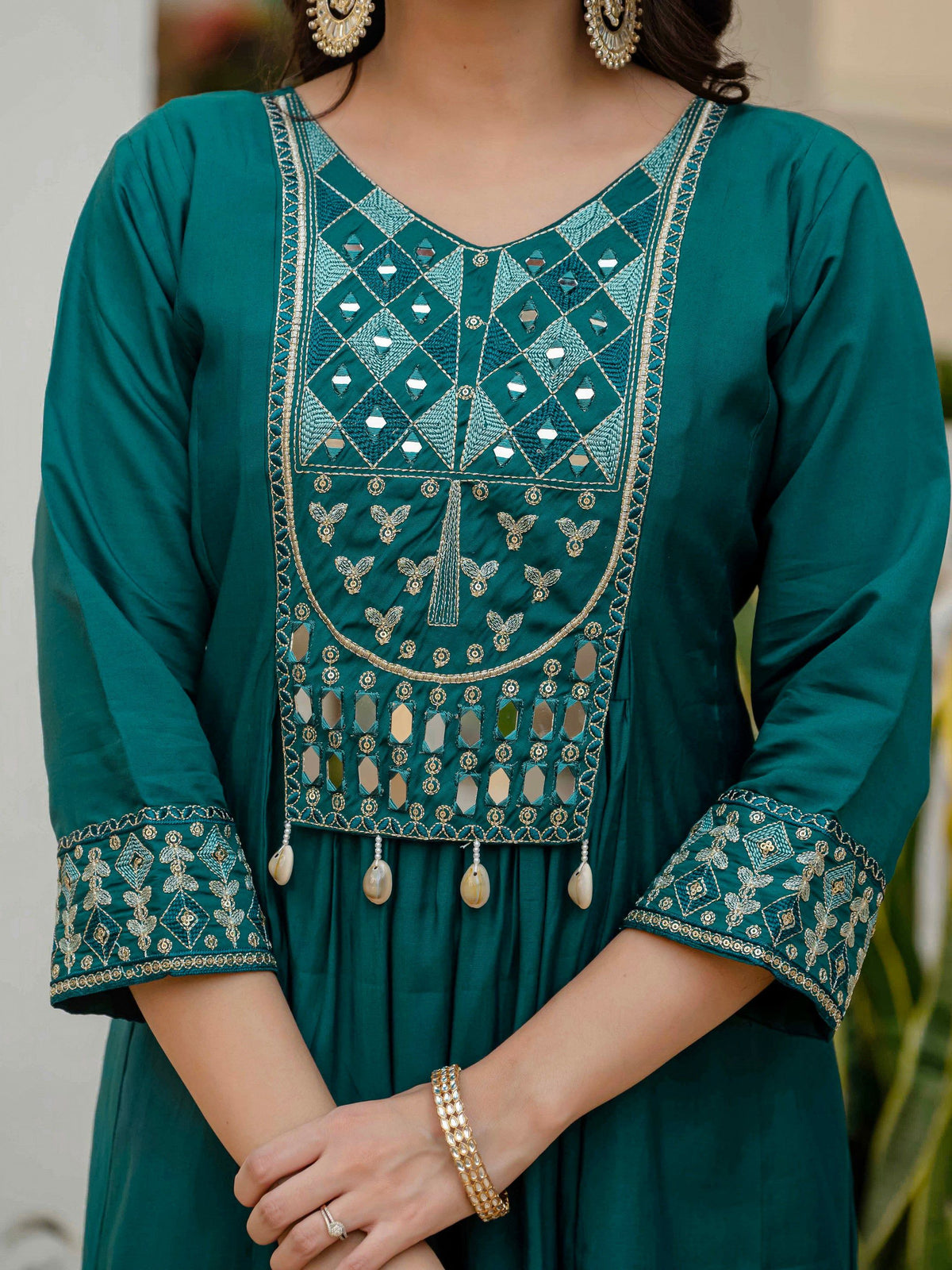 Vedant Vastram Roman Silk Hand Work & Embroidery Work Stitched Kurta Pant Dupatta Set-Rama | Grocsy