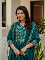 Vedant Vastram Roman Silk Hand Work & Embroidery Work Stitched Kurta Pant Dupatta Set-Rama | Grocsy
