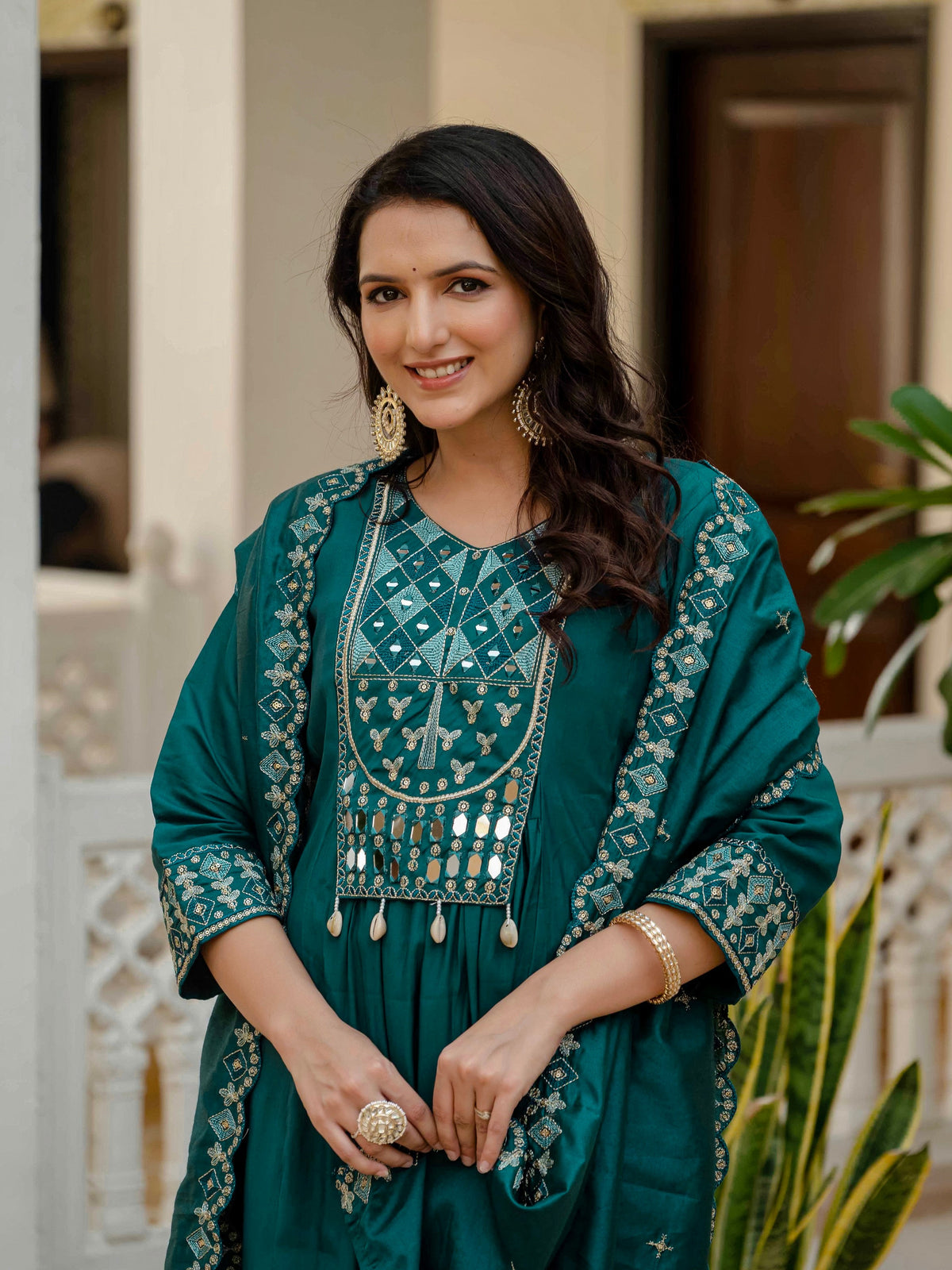 Vedant Vastram Roman Silk Hand Work & Embroidery Work Stitched Kurta Pant Dupatta Set-Rama | Grocsy