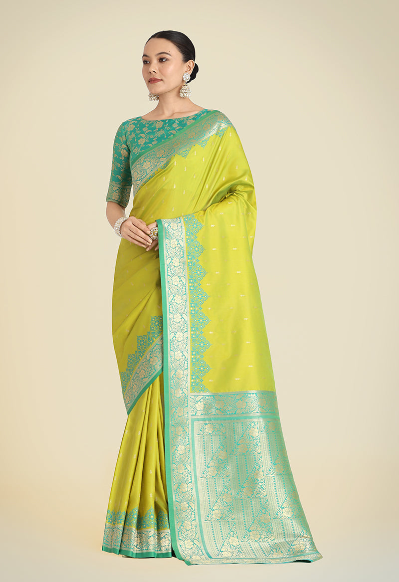 Monjolika Fashion Banarasi Silk Parrot Green Color Weaving Designer Saree | Grocsy