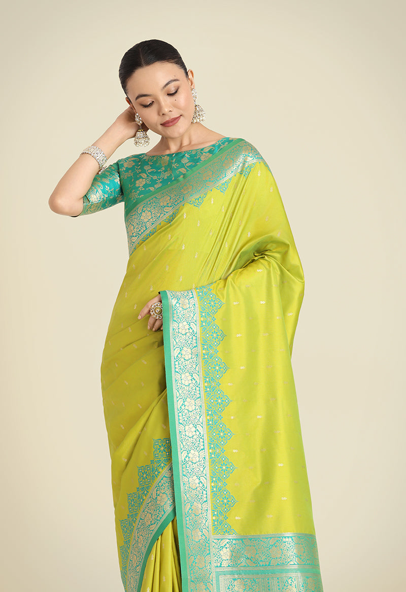 Monjolika Fashion Banarasi Silk Parrot Green Color Weaving Designer Saree | Grocsy