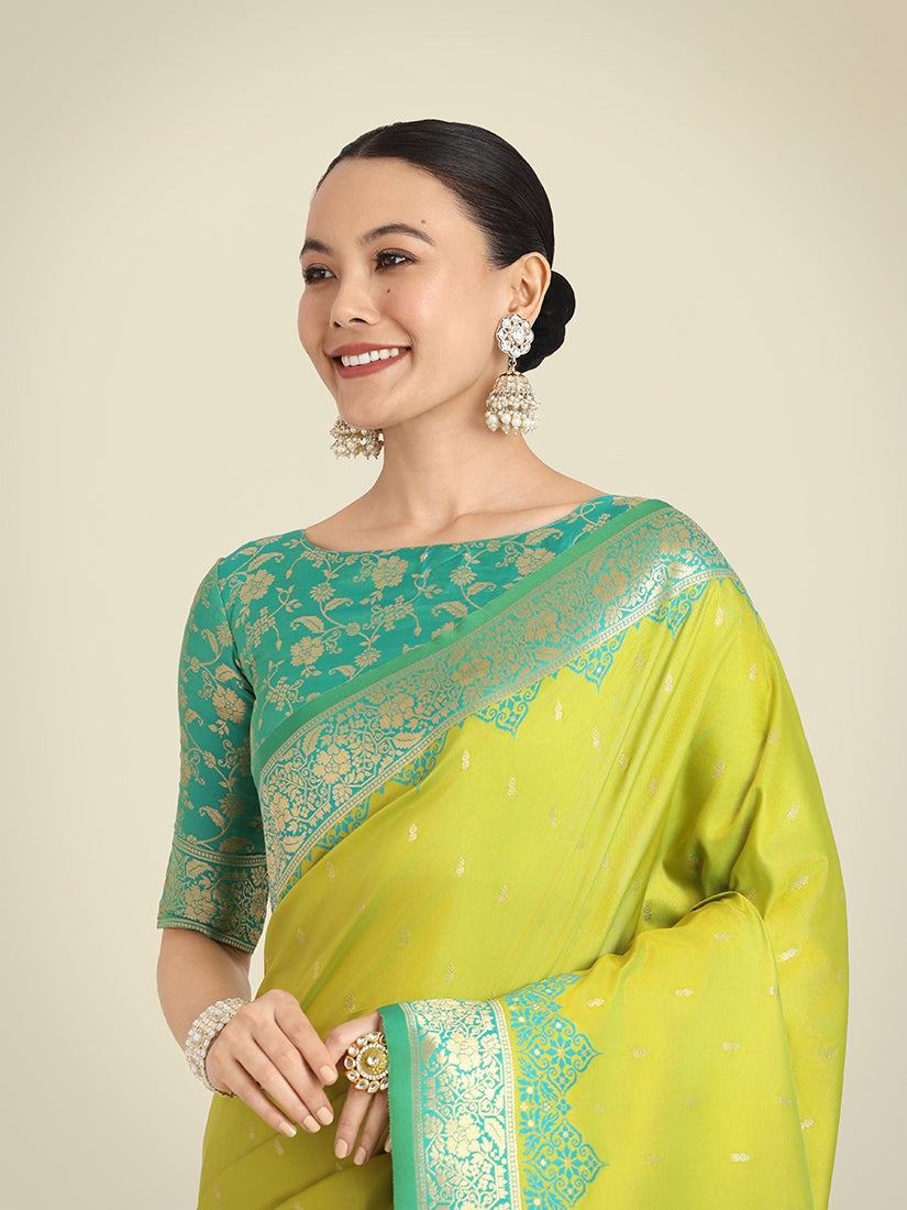 Monjolika Fashion Banarasi Silk Parrot Green Color Weaving Designer Saree | Grocsy