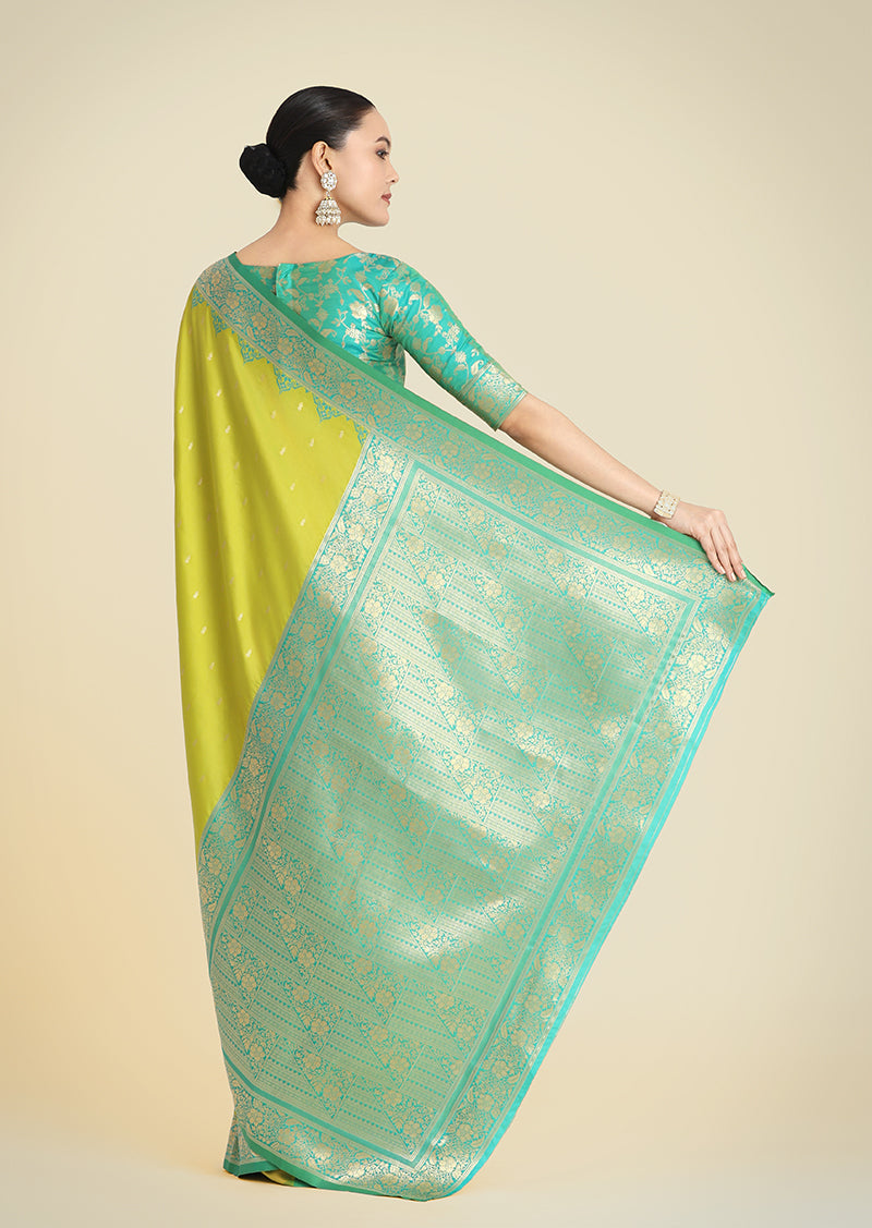 Monjolika Fashion Banarasi Silk Parrot Green Color Weaving Designer Saree | Grocsy