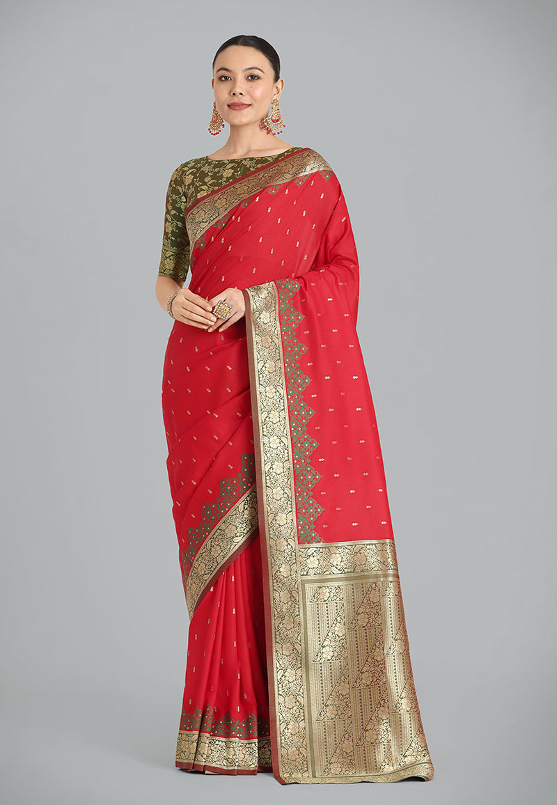 Monjolika Fashion Banarasi Silk Red Color Weaving Designer Saree | Grocsy