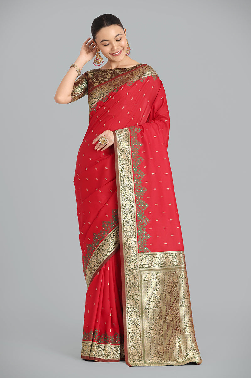 Monjolika Fashion Banarasi Silk Red Color Weaving Designer Saree | Grocsy