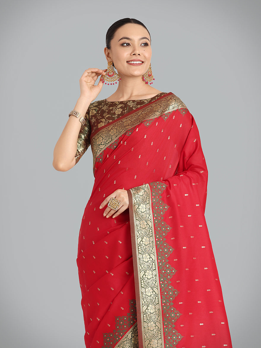 Monjolika Fashion Banarasi Silk Red Color Weaving Designer Saree | Grocsy