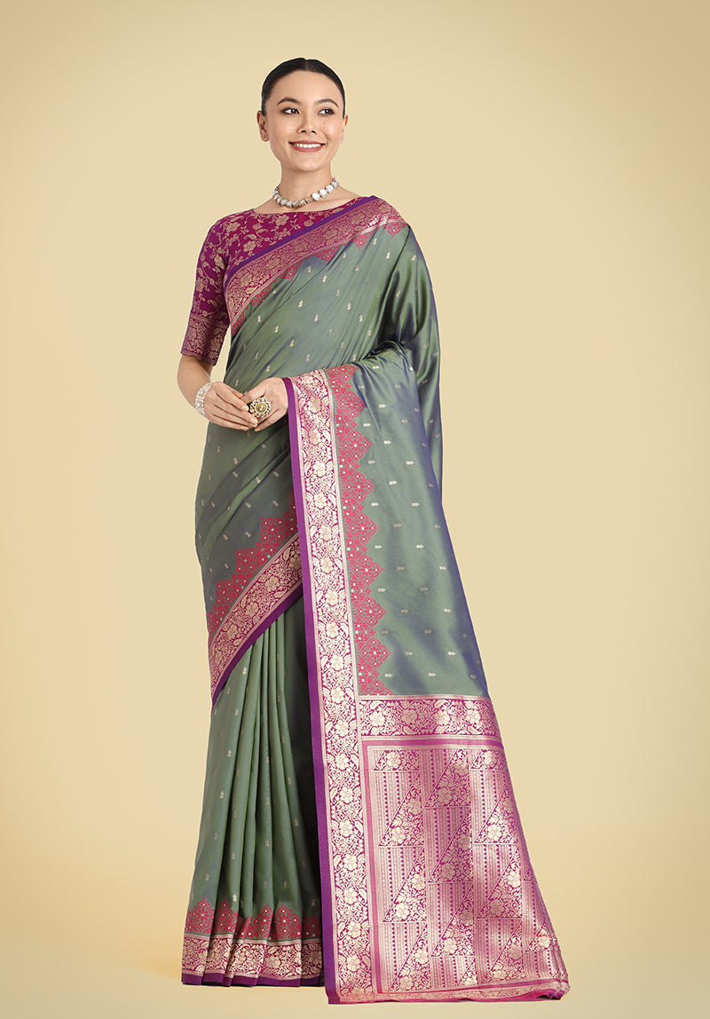 Monjolika Fashion Banarasi Silk Olive Green Color Weaving Designer Saree | Grocsy