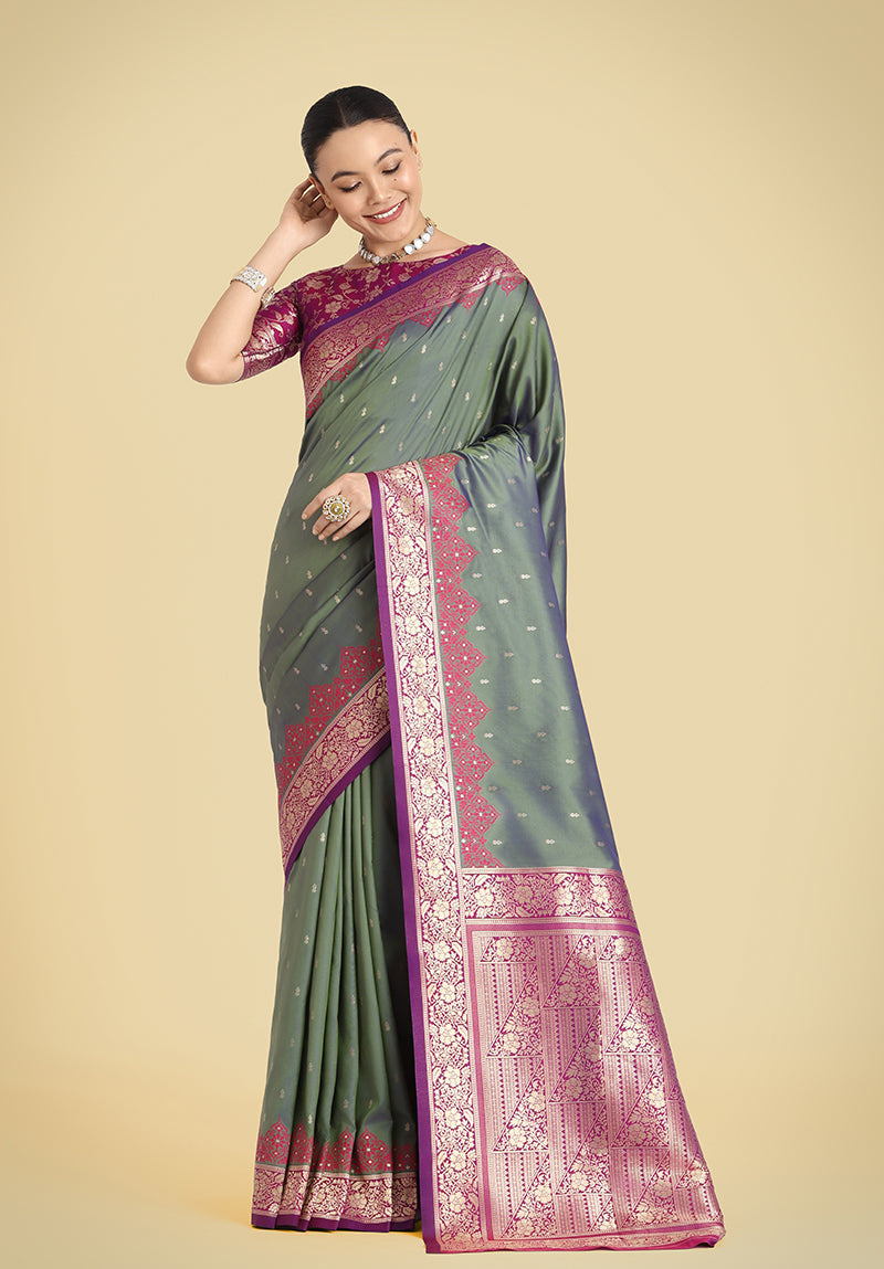 Monjolika Fashion Banarasi Silk Olive Green Color Weaving Designer Saree | Grocsy