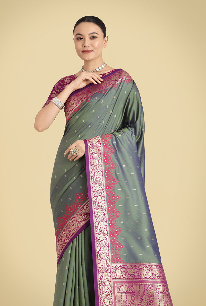 Monjolika Fashion Banarasi Silk Olive Green Color Weaving Designer Saree | Grocsy