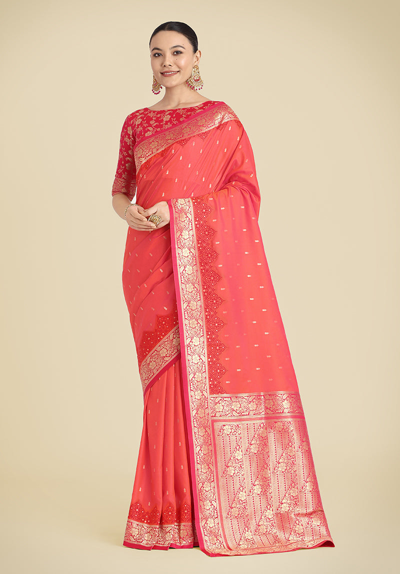 Monjolika Fashion Banarasi Silk Coral Pink Color Weaving Designer Saree | Grocsy