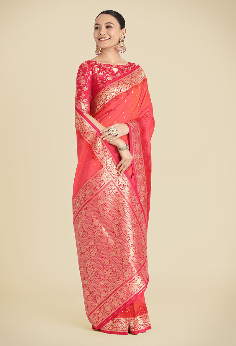 Monjolika Fashion Banarasi Silk Coral Pink Color Weaving Designer Saree | Grocsy