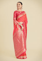 Monjolika Fashion Banarasi Silk Coral Pink Color Weaving Designer Saree | Grocsy